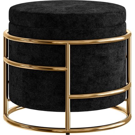 Pouf de rangement en tissu noir, coffre 24 L, structure en métal doré, repose-pieds rembourré Ø42 x 39 cm, style élégant pour salon ou chambre - CHICFURN (1/5)