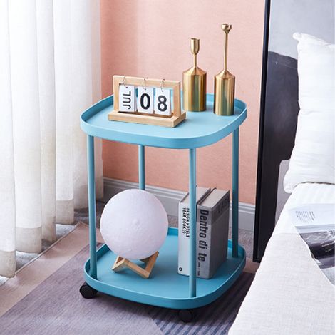Étagère de chevet de luxe à double niveau, amovible et à roulettes, idéale pour le salon ou la chambre d'étudiant. Couleur : bleu paon. (1/5)