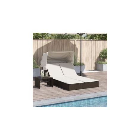 Chaise longue double avec auvent et coussins marron poly rotin (1/5)