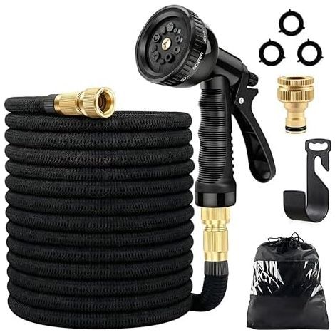 Tuyau Arrosage Extensible 30m/100ft, D’arrosage avec 1/2" et 3/4" Adaptateurs, Flexible Rétractable Pistolet Multi-fonctions, Raccords en Laiton, Crochet sac de Rangement - (1/5)