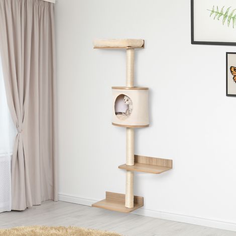 Arbre à chat mural 38 x 30 x 149 cm avec plusieurs plateformes en bois, grotte, couchage supérieur, coussin amovible, poteaux à griffer en sisal, tour d'escalade, beige et chêne (1/5)