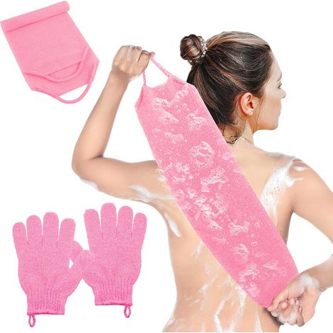 Gant exfoliant corps, brosse de douche et gommage visage, exfoliateur de bain (Rose) (1/5)