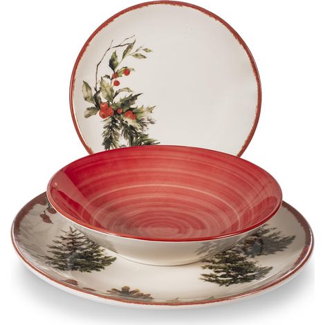 H&H, Set Tavola Natale Red Berries 18 Pezzi – Piatti in Stoneware con Motivi Natalizi Tradizionali, Perfetto per il Natale e le Occasioni Speciali Invernali (1/5)
