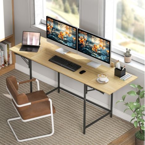 Bureau pliable 170x58 cm chêne en bois avec rallonges rabattables et structure en métal (1/5)