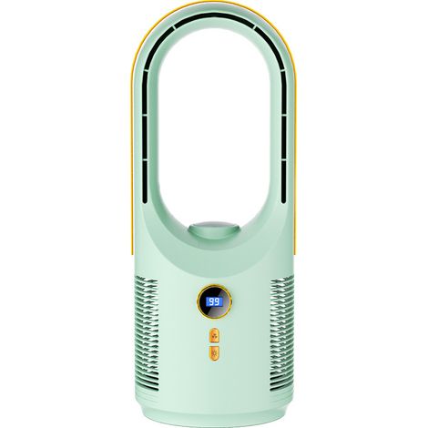 Ventilador sin aspas recargable por USB, silencioso (28 dB), 5 velocidades, luz nocturna de 4 colores, diseño arqueado, color verde. (1/5)