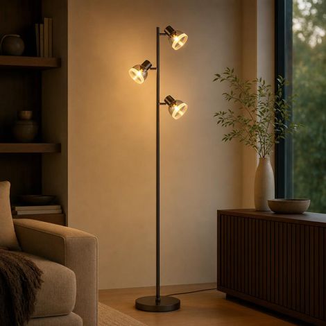 Lampada da terra, lampada da salotto, orientabile, nera, vetro effetto fumé, H 154 cm (1/5)