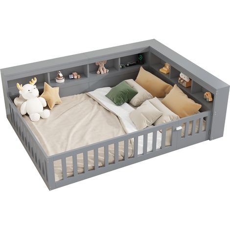 Lit banquette 140x190 avec rangement latéral, sommier à lattes, prise et ports USB, barrière extensible, structure en MDF et panneau de particules, gris CHICFURN (1/5)
