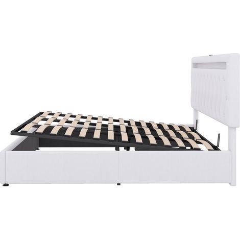 Cama con canapé 180x200 cm de lino blanco con LED, USB/USB-C y elevación hidráulica MODENUIT (1/5)