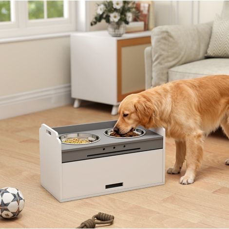 Comedero elevado para perro con almacenaje, 2 cuencos, 60 x 30 x 35,5 cm, blanco HAVRYA (1/3)