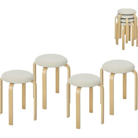 Set de 4 taburetes apilables redondos efecto lino, blanco crema MODENUIT (1/5)