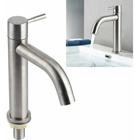 Robinet pour lavabo, eau froide, en acier inoxydable brossé, raccord G1/2, corps haut, poignée unique, fixation 1 trou, type 1 (1/5)