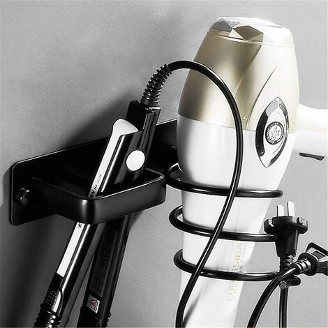 Lntyq 1 support de sèche-cheveux (sans perçage), montage mural, gain de place et facile à installer, organisateur d'outils de coiffure pour chambre et salle de bain pour sèche-cheveux, fers plats, fer (1/5)