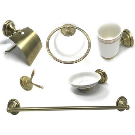 Cleafe - Set Bagno Classico Oro Satinato Vetro 6pz Portarotolo Sapone Asciugamano 52644 -