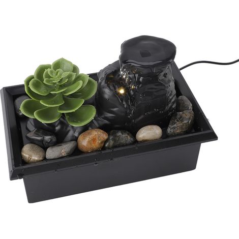 Fontaine cascade de table avec lumières LED jaunes fausse succulente eau circulante USB et rochers pour intérieur (1/5)