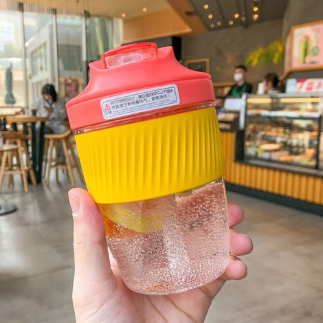 Tasse à eau avec paille, tasse en plastique, étanche, résistante à la chaleur, anti-brûlure, tasse à café(Rouge Pamplemousse + Jaune Oie petit) (1/5)
