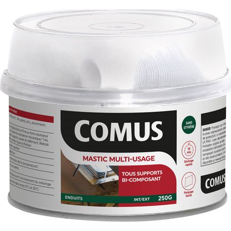 Comus – Mastic bi-composant blanc 250g – Pour tous supports du bâtiment – Résistant et souple – Fini lisse pour ponçage rapide (1/4)
