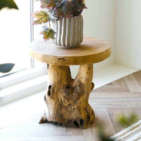 Petite table de salon en teck Ø40 cm, style exotique ARIZONA (1/5)
