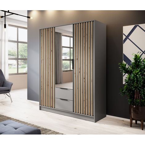 Armoire 3 portes MELODIE 155 cm gris avec miroir (1/3)