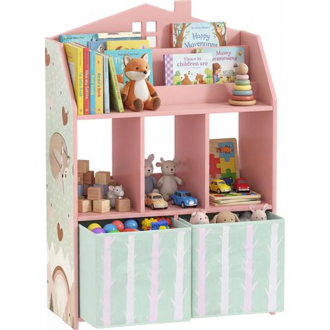 AIYAPLAY estantería infantil para juguetes con cajones de tela, estantes abiertos, diseño de zorros, organizador de juguetes para dormitorio, rosa