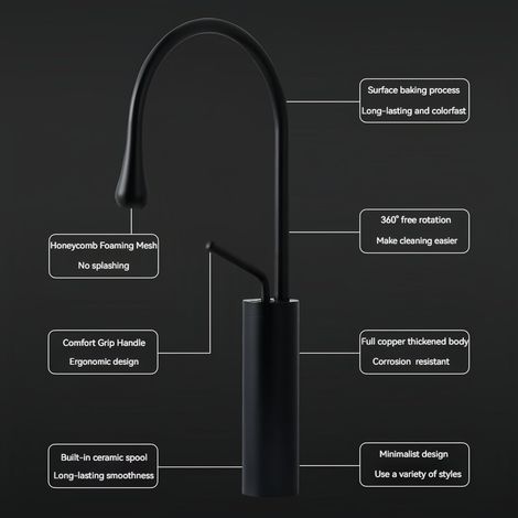 Rubinetto per lavabo girevole a collo d'oca singolo, lungo, ad arco alto, in ottone nero, elegante e contemporaneo a forma di goccia, con tubo flessibile - ALTRO (1/3)