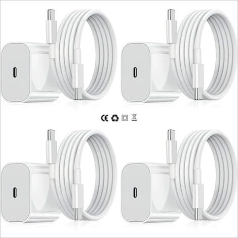 Lot de 4 chargeurs pour iPhone - Chargeur rapide - Adaptateur + câble de 2 mètres 20 W USB-C Blanc iPhone (NT) Lot de 4 USB-C (1/5)