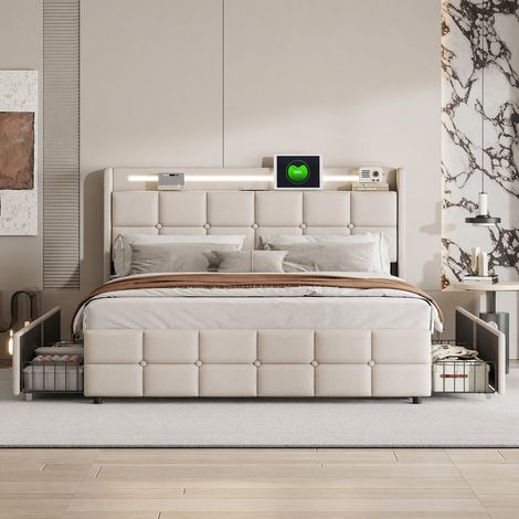 Letto 140x190 cm con 4 cassetti - Letto matrimoniale 140x190 cm con illuminazione a LED, prese EU, porte USB - Struttura letto con contenitore - Lino beige (1/5)