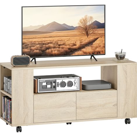 Mobile Porta TV da 42" con Ruote Girevoli e Freno, Ripiani Regolabili e Cassetti, 102x34.5x48.5 cm, Legno
