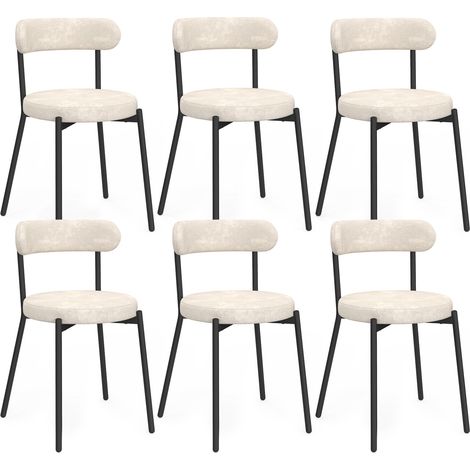Lot de 6 chaises MIKI dossier incurvé en tissu chenille écru pieds en métal noir (1/5)