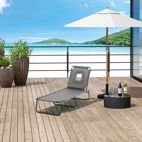 Outsunny Bain de Soleil Pliable transat inclinable 4 Positions Chaise Longue 3 Coussins fournis Gris