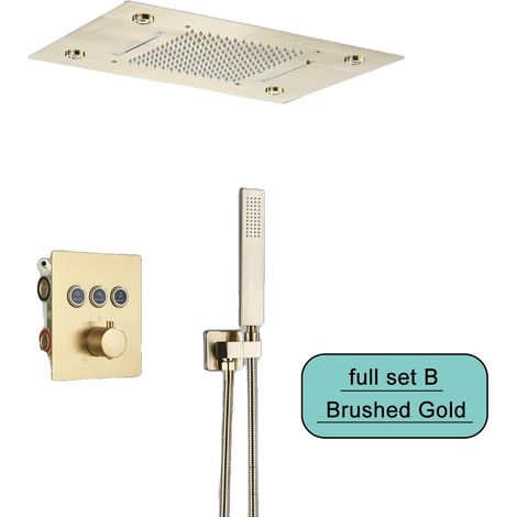 Ensemble de robinet de douche, système de pluie et de cascade LED monté au plafond, mélangeur intelligent à télécommande, Ensemble B en or brossé (1/2)