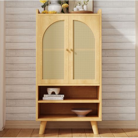 Aparador alto 2 puertas de ratán y 2 nichos abiertos 60 x 40 x 121 cm natural OKMYHOME (1/5)