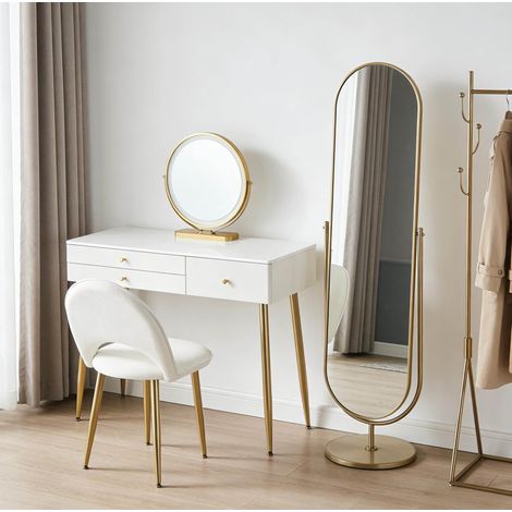 Coiffeuse en MDF, métal et PVC, blanc et doré, avec miroir LED et chaise (1/5)