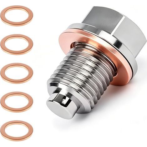 Tapón de drenaje de aceite magnético, tuerca de drenaje magnética del cárter M14x1.5 con 5 juntas de cobre, kit de tapón de drenaje de acero inoxidable para automóviles, motocicletas y embarcaciones. (1/5)