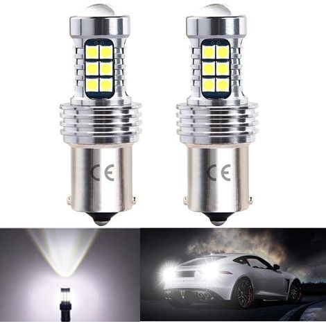 Bombilla LED para coche 1156 P21w Ba15s de 12v, 24v, 1200 lúmenes, luz blanca 6500K, con lente HD, luces de marcha atrás, etc. (juego de 2) (1/2)