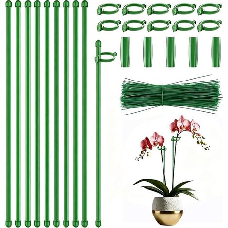 Tuteur Plante, 10 Pcs 30cm Tuteur Plante Interieur, 10 Tiges De Plantes Clips, 5 Connecteur, 50 Fil De Jardin Vert, Tuteurs pour Tomates, Support pour Fleurs, Haricots (1/5)