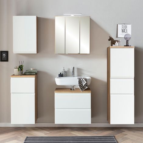Badmöbel Set mit Midischrank, stehend oder hängend, in Wotan Eiche Nb. mit weiß matt, VASTO-03-WHITE, B/H/T ca. 170/200/35 cm (1/5)