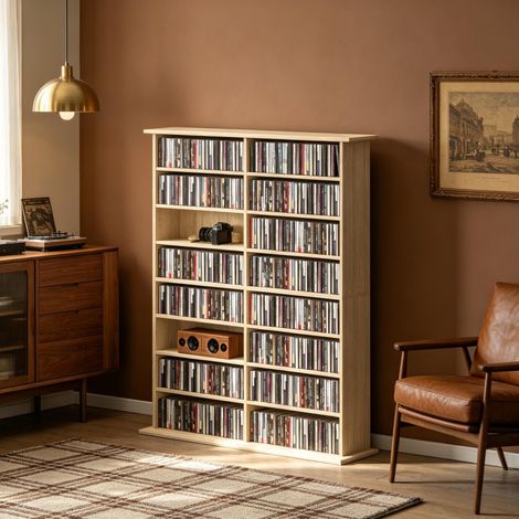 CHICFURN Meuble de rangement CD DVD Blu-ray 106,5 x 24 x 126,3 cm naturel, 16 cases réglables (1/5)