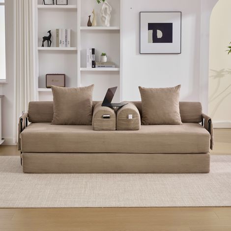 Sofá modular 200x94x67 cm con bolsillo lateral, 3 cojines, estructura metálica, terciopelo acanalado esmeralda - kaki (1/5)