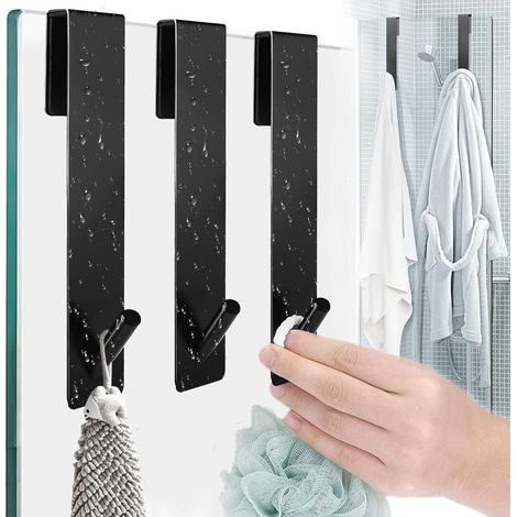 3 Pièces Crochet Douche Acier Inoxydable, Crochet de Porte en Verre avec Mousse Protection, Crochet Douche Sans Percage, Crochet Douche Salle Bain, Crochet Douche pour Verre Porte(Noir) (1/5)