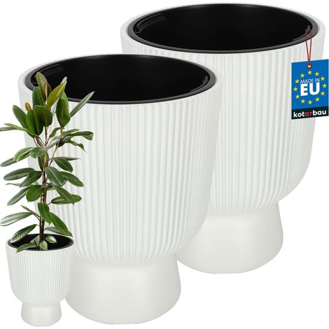 KOTARBAU® Lot de 2 Pot de Fleur - Pot Plastique Plante Ø 39 cm - avec Bac Intérieur - Pot de Jardin - Pot de Fleur Exterieur - H : 49 cm - PVC - Blanc - Nervuré (1/4)