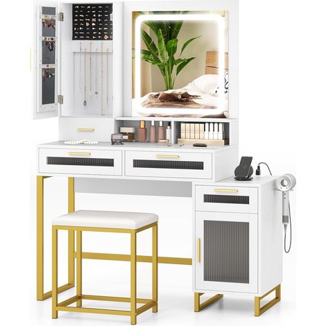 COSTWAY Toeletta da Trucco con Specchio, Set Tavolo e Sgabello da Trucco, con Stazione di Ricarica, Luci LED a 3 Colori, Tavolo da Trucco con 3 Cassetti, per Camera da Letto, Soggiorno (1/5)