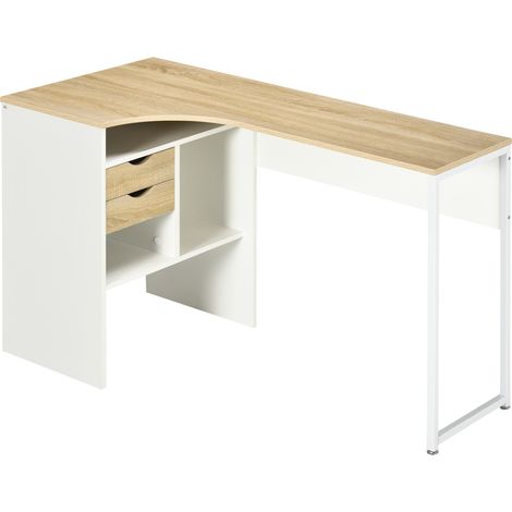 Bureau d'angle avec 2 tiroirs, 120 x 60 cm, bureau en L avec 3 compartiments ouverts, table informatique pour étudier, travailler, chambre, maison, aspect chêne clair