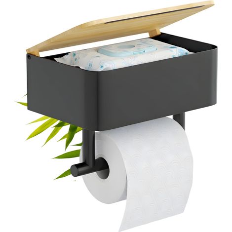1 - Porte-Papier Toilette - Support Mural - Rangement 2-en-1 &amp Support Téléphone - Métal Noir et Bambou - Pour Salle de Bain et WC - 21x13,5x14,5cm