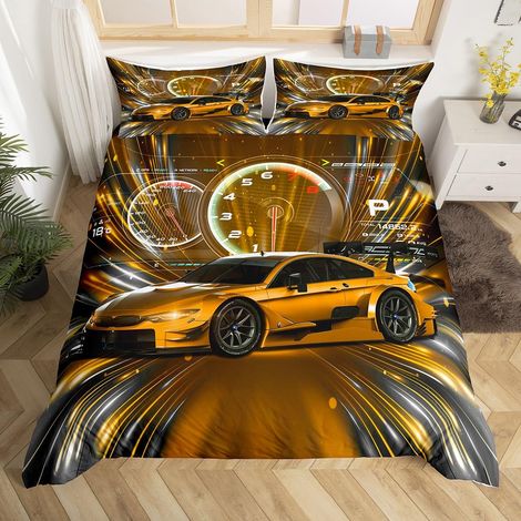Parure de Lit 200x200 Voiture de Sport, Housse de Couette Voiture de Course en Or, pour Enfants Garçons, Ensemble de Literie Sports Extrêmes, Décor de Voiture de Course de Vitesse (1/5)