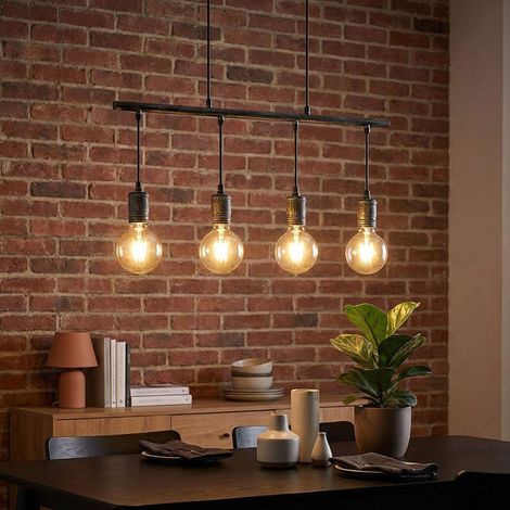 Lampada a sospensione lampada a sospensione lampada da tavolo da pranzo lampada a sospensione industriale soggiorno, metallo grigio antico, 4x filamento LED 7W 700Lm bianco caldo, LxH 90x120 cm