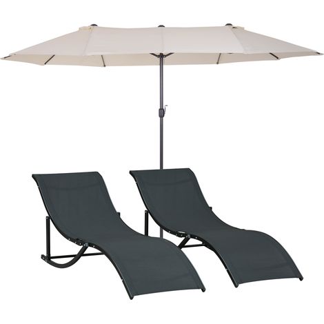 Outsunny conjunto de sombrilla doble y 2 tumbonas plegables en forma de S para piscina patio jardín terraza 4,55x2,65x2,38 m 165x61x63 cm