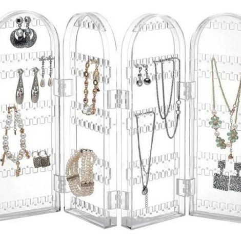 Porte-boucles-d-oreilles - Organiseur Bijoux 4 Panneaux - 240 Crochets - Pliable - Transparent - En Plastique - 1 Pièce