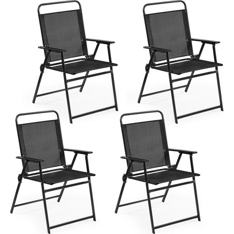 Yaheetech Set Sedie da Giardino Pieghevole da Esterno Campeggio con Braccioli Telaio in Metallo e Seduta in Tessuto da Balcone Portata 100 Kg Nero 4 Pezzi (1/5)