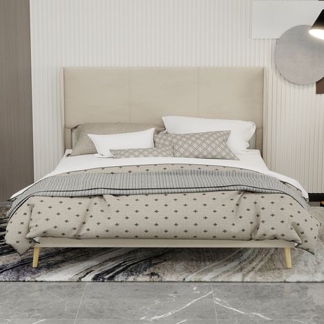 Letto imbottito moderno e minimalista con testiera soffice, 160x200 cm, beige, mobile multifunzionale per camera da letto, base bassa senza contenitore (senza pistone a gas), materasso escluso.
