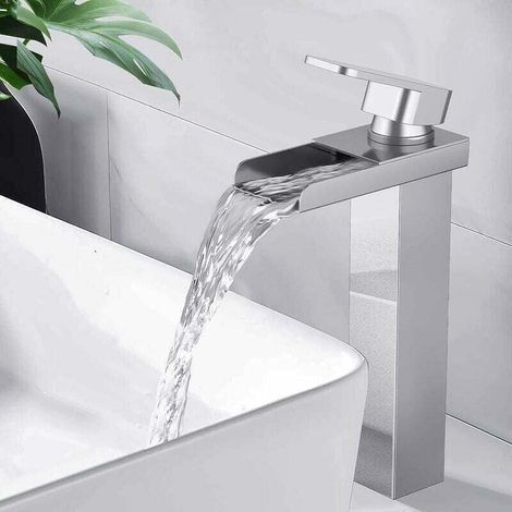 Robinet Salle Bain Mitigeur Lavabo Cascade Chromé En Laiton Carré Vasque à Poser Mono Levier de Commande surélevé Pour Lavabo Lave Mains Robinetterie Salle de Bain (1/4)